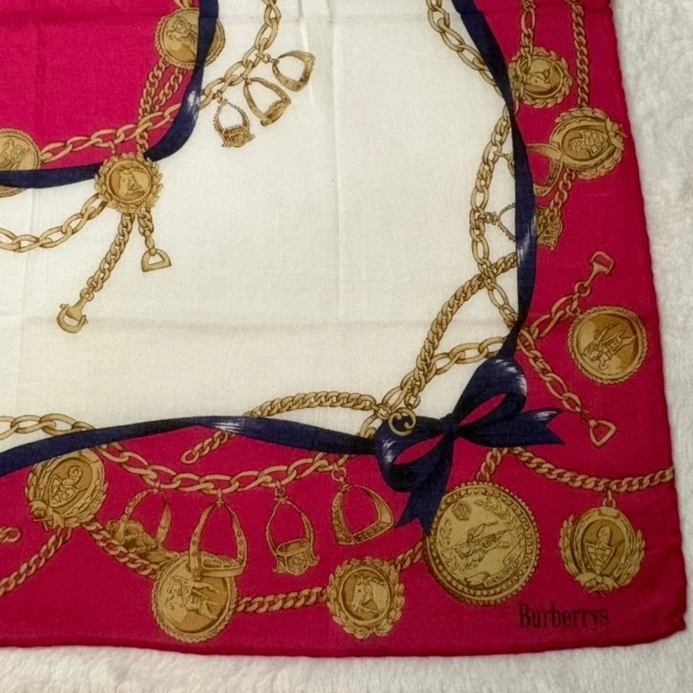 Vtg BURBERRYS Scarf Handkerchief Equestrian Chain Pink White 18